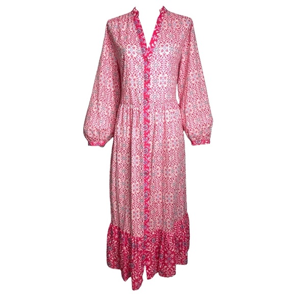 Zara Printed Midi Dress Pink Floral Button Front Tiered Boho Cotton 5029/ - Picture 4 of 13